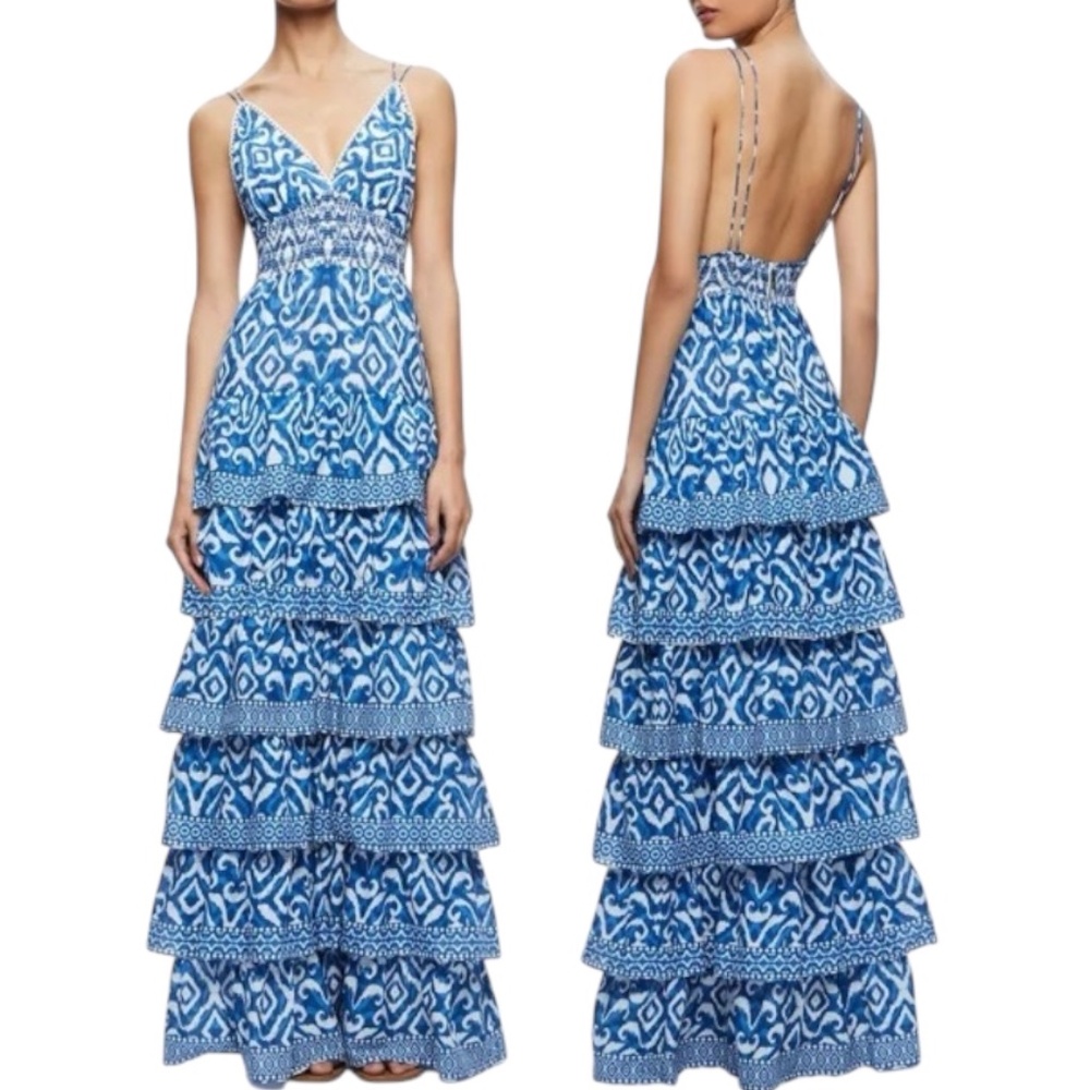 Caroline Constas Blue Cotton Tribal Print Spaghetti Straps Tiered Maxi Dress, L